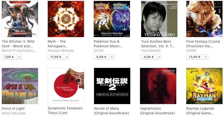 Exemples d'albums liés à la musique de jeu trouvables sur iTunes